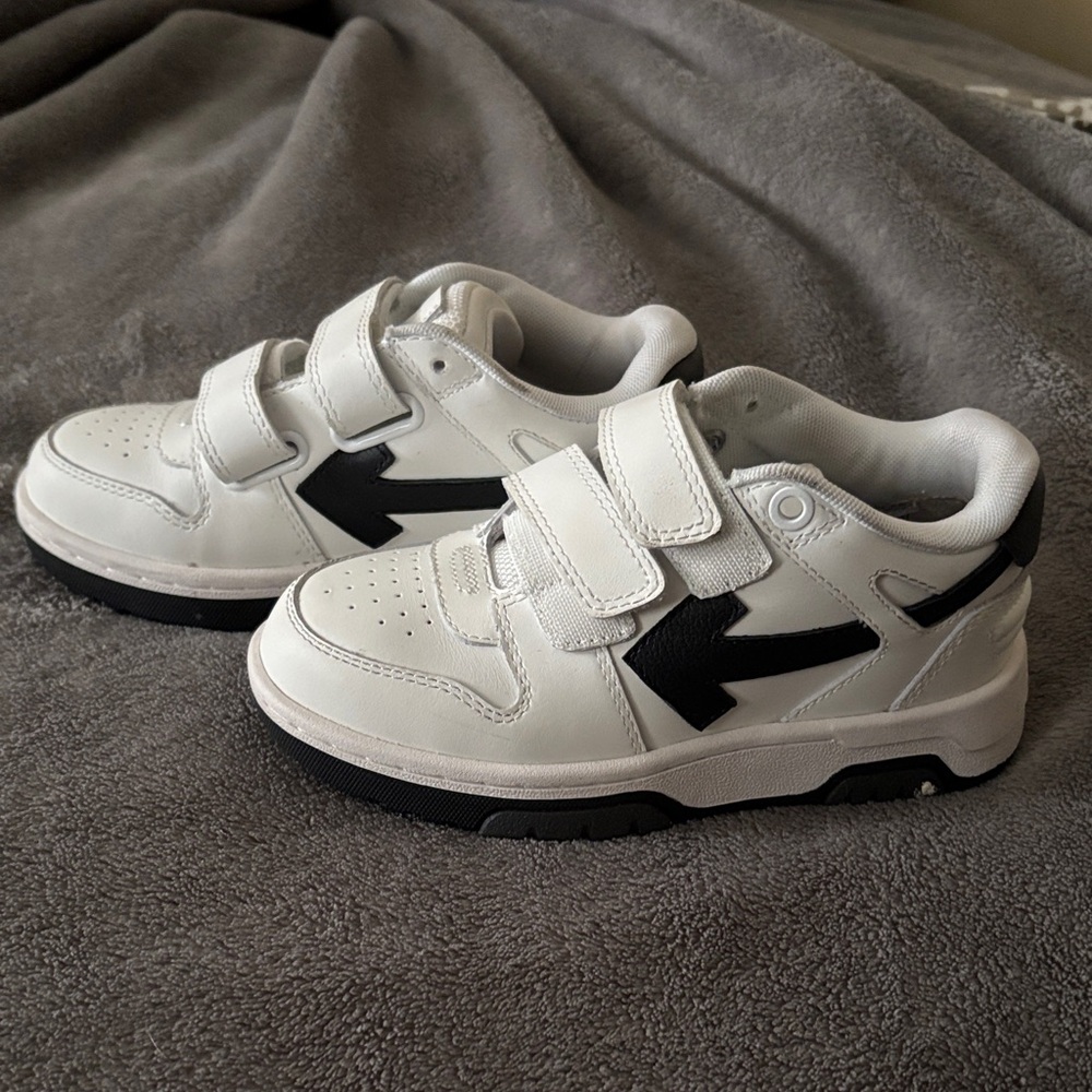 Kids White and Black Athletic Sneakers with Hook-and-Loop Straps